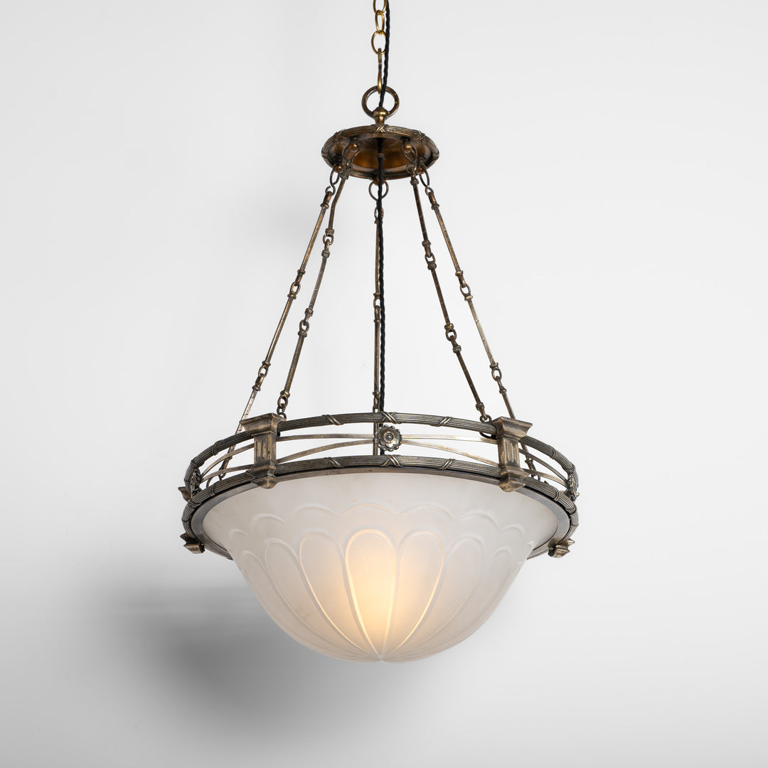 Exceptional F. & C. Osler Satin Cut Crystal Plafonnier with Faraday & Son Reeded Brass Gallery