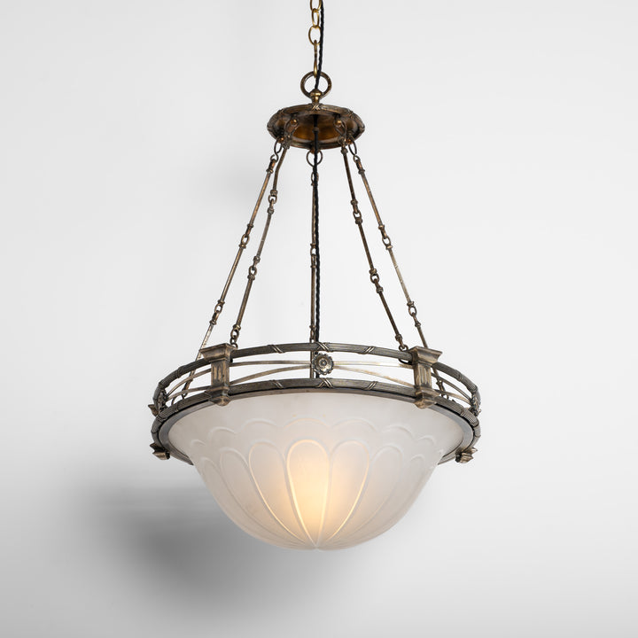 Exceptional F. & C. Osler Satin Cut Crystal Plafonnier with Faraday & Son Reeded Brass Gallery
