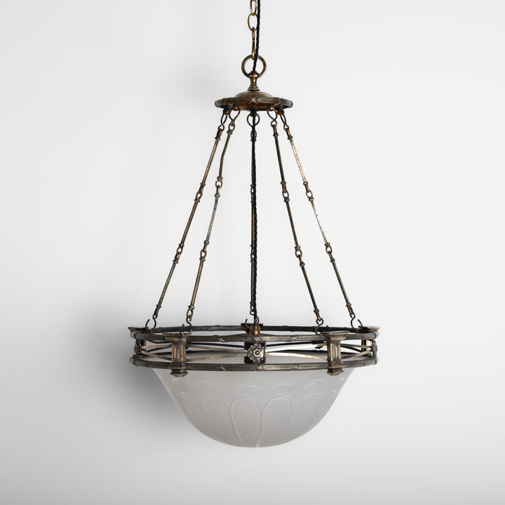 Exceptional F. & C. Osler Satin Cut Crystal Plafonnier with Faraday & Son Reeded Brass Gallery