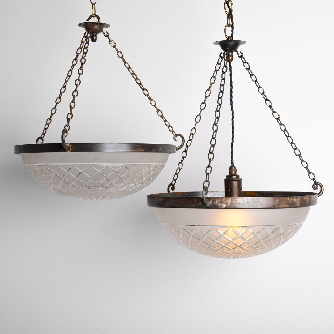 Matching Pair of Large Satin Cut Crystal Bowl Plafonniers in Aged Brass Frames