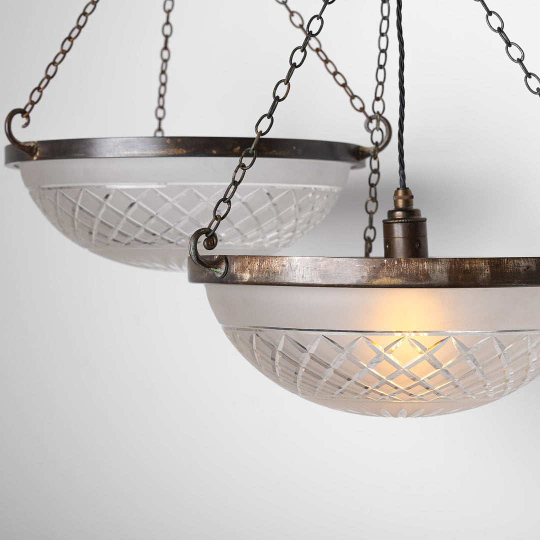 Matching Pair of Large Satin Cut Crystal Bowl Plafonniers in Aged Brass Frames
