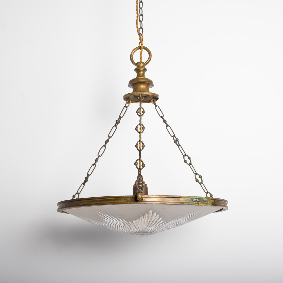 Exceptional Extra Large Faraday & Son Cast Bronze Plafonnier with Star-Cut Frosted Crystal Bowl