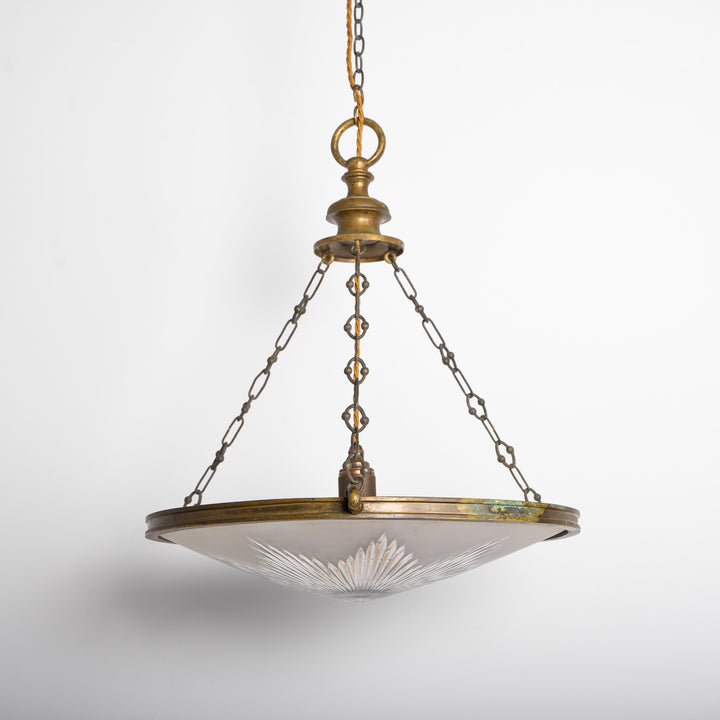 Exceptional Extra Large Faraday & Son Cast Bronze Plafonnier with Star-Cut Frosted Crystal Bowl