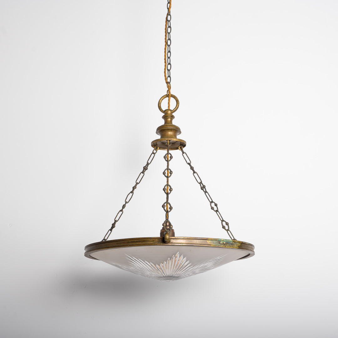 Exceptional Extra Large Faraday & Son Cast Bronze Plafonnier with Star-Cut Frosted Crystal Bowl