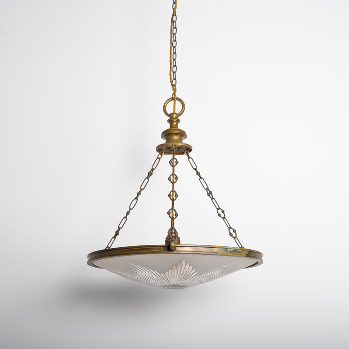 Exceptional Extra Large Faraday & Son Cast Bronze Plafonnier with Star-Cut Frosted Crystal Bowl