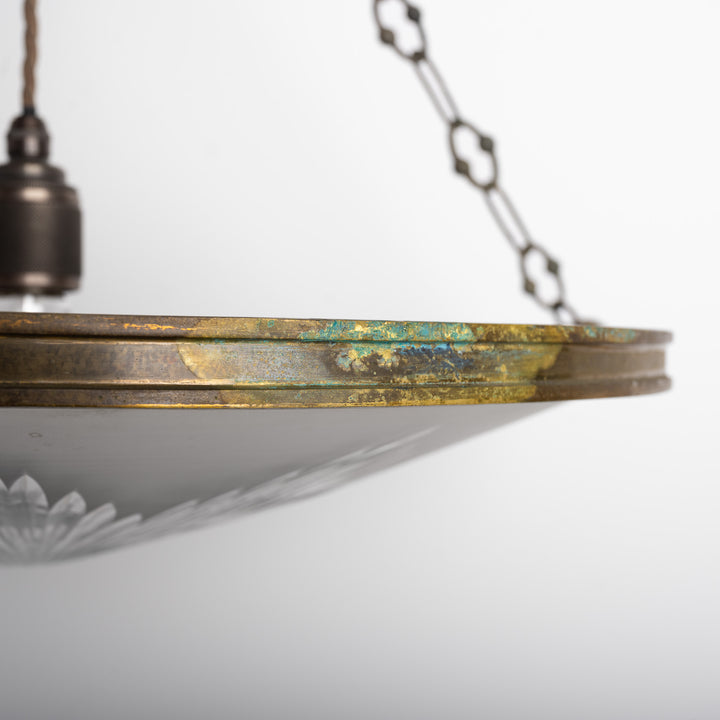 Exceptional Extra Large Faraday & Son Cast Bronze Plafonnier with Star-Cut Frosted Crystal Bowl