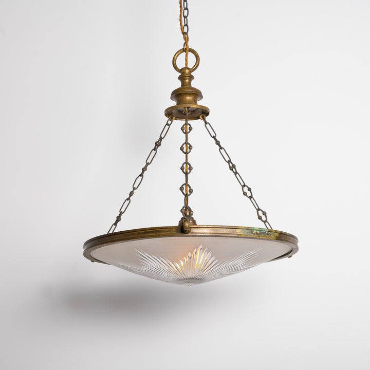 Exceptional Extra Large Faraday & Son Cast Bronze Plafonnier with Star-Cut Frosted Crystal Bowl