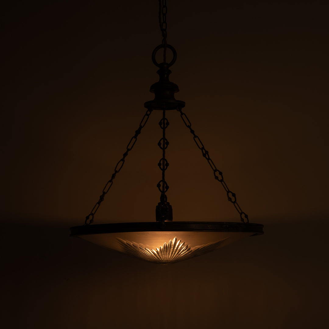 Exceptional Extra Large Faraday & Son Cast Bronze Plafonnier with Star-Cut Frosted Crystal Bowl