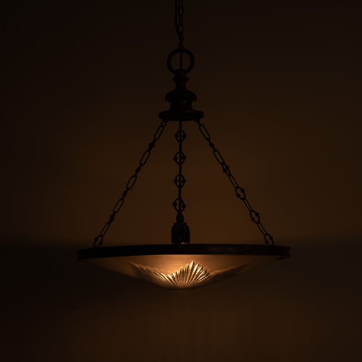 Exceptional Extra Large Faraday & Son Cast Bronze Plafonnier with Star-Cut Frosted Crystal Bowl