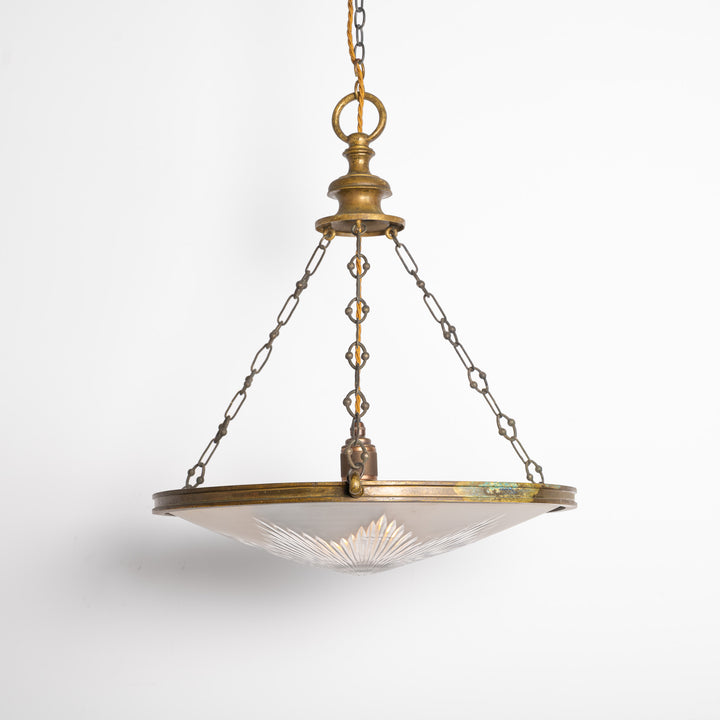 Exceptional Extra Large Faraday & Son Cast Bronze Plafonnier with Star-Cut Frosted Crystal Bowl