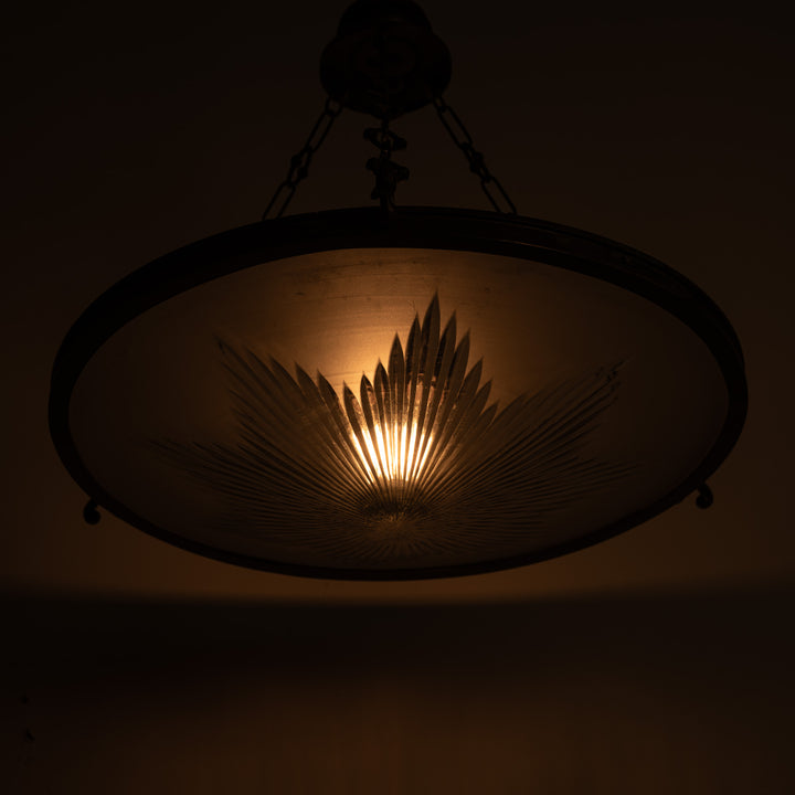 Exceptional Extra Large Faraday & Son Cast Bronze Plafonnier with Star-Cut Frosted Crystal Bowl
