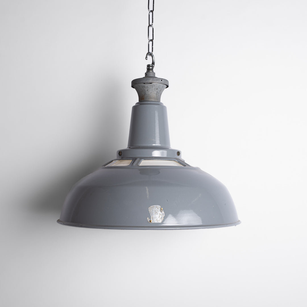 Pair of Extra Large Benjamin Electric 'Glassteel Diffuser' Industrial Pendants with Original Opaline Glass Diffusers