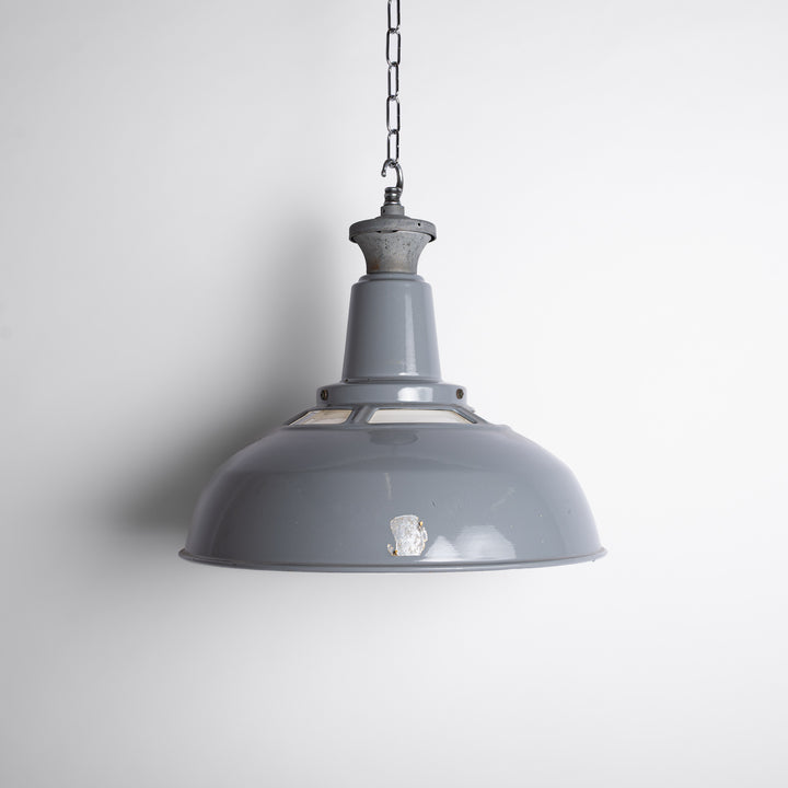 Pair of Extra Large Benjamin Electric 'Glassteel Diffuser' Industrial Pendants with Original Opaline Glass Diffusers