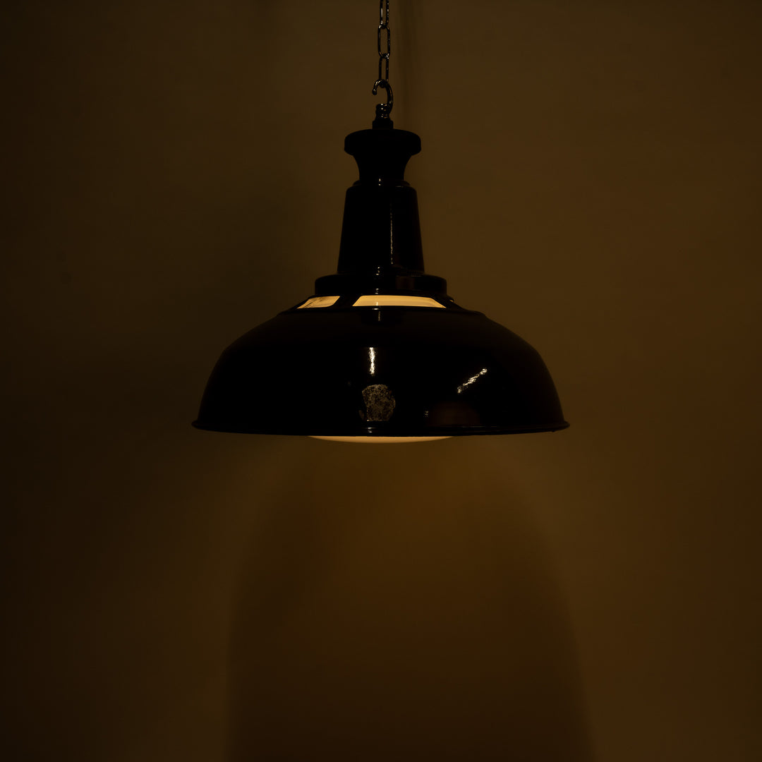 Pair of Extra Large Benjamin Electric 'Glassteel Diffuser' Industrial Pendants with Original Opaline Glass Diffusers