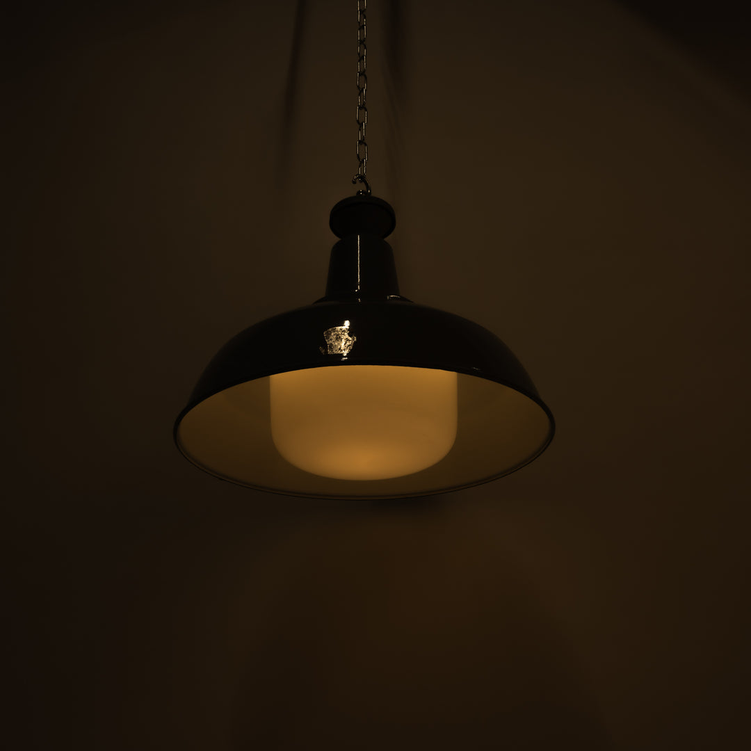 Pair of Extra Large Benjamin Electric 'Glassteel Diffuser' Industrial Pendants with Original Opaline Glass Diffusers