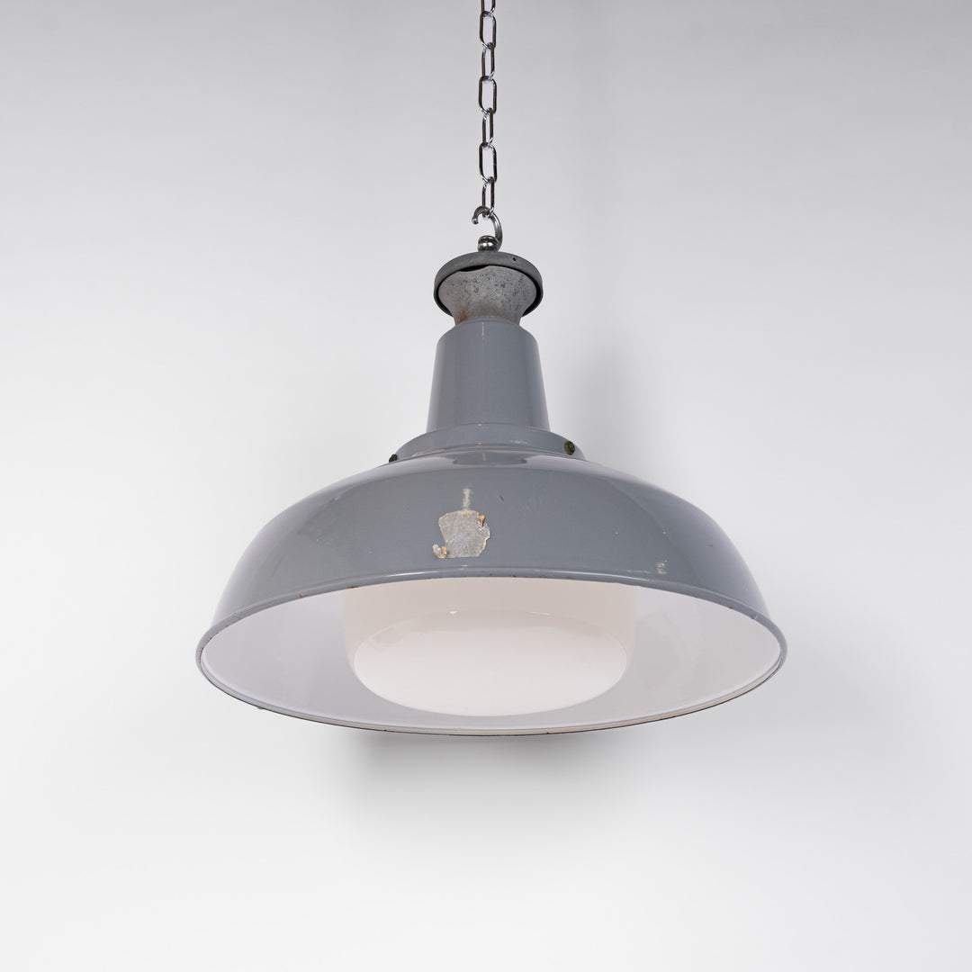 Pair of Extra Large Benjamin Electric 'Glassteel Diffuser' Industrial Pendants with Original Opaline Glass Diffusers