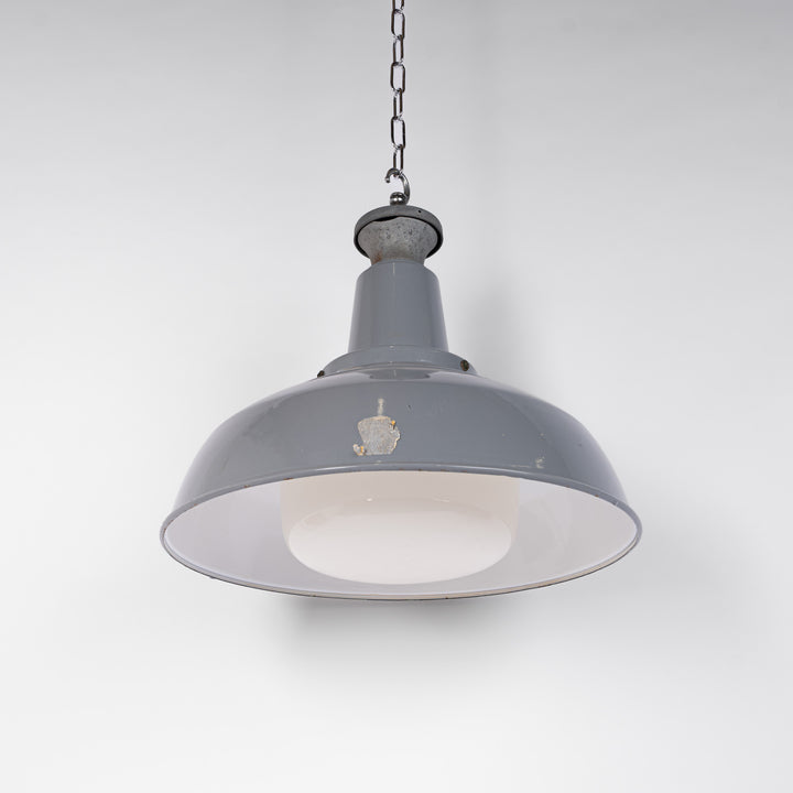 Pair of Extra Large Benjamin Electric 'Glassteel Diffuser' Industrial Pendants with Original Opaline Glass Diffusers