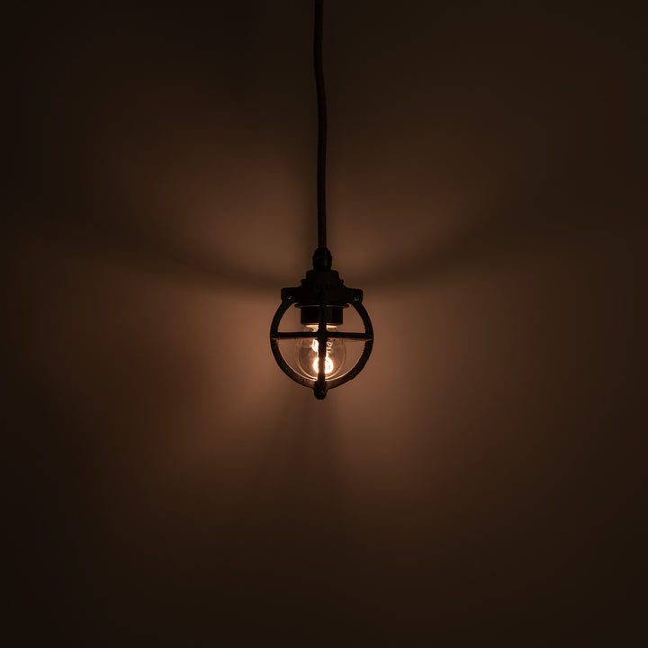 Set of Three Atlas Cast Iron Globe Cage Pendants — Industrial Bulb Guards