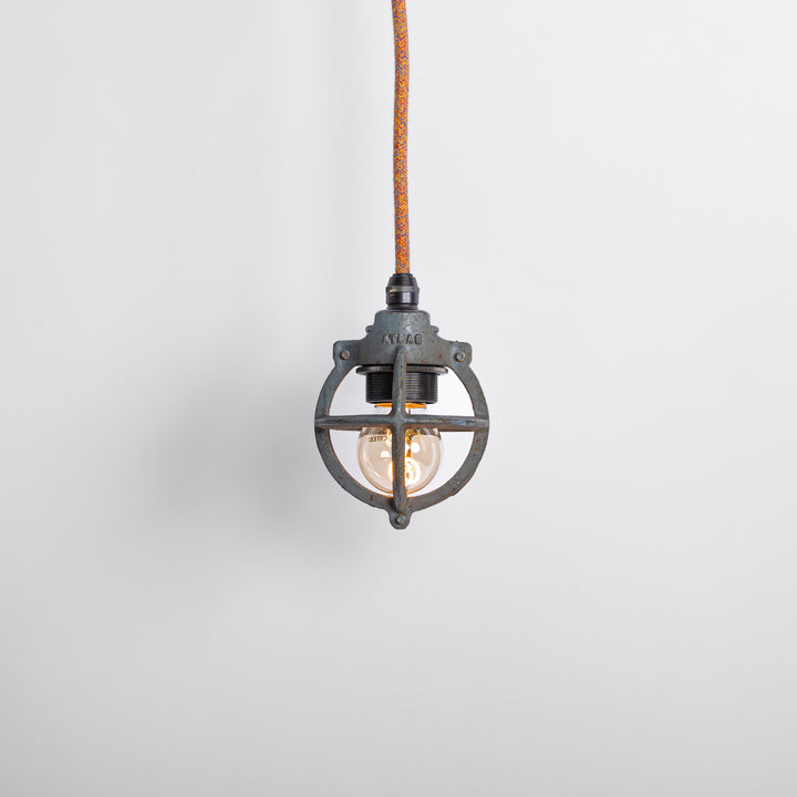 Set of Three Atlas Cast Iron Globe Cage Pendants — Industrial Bulb Guards