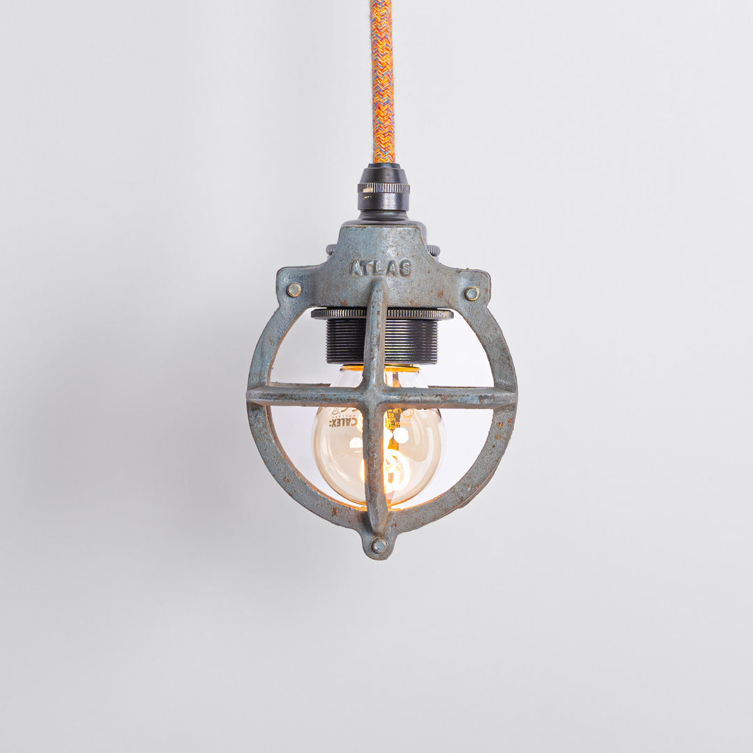 Set of Three Atlas Cast Iron Globe Cage Pendants — Industrial Bulb Guards