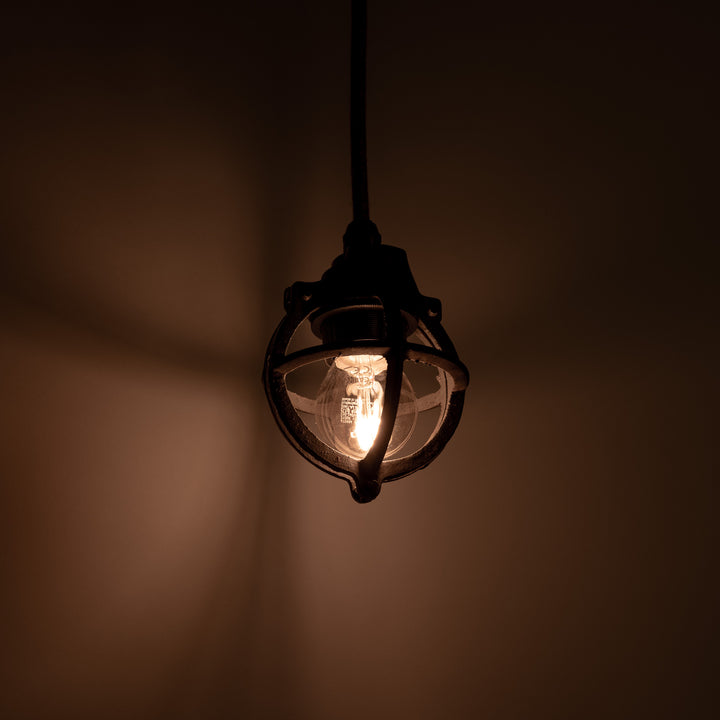Set of Three Atlas Cast Iron Globe Cage Pendants — Industrial Bulb Guards