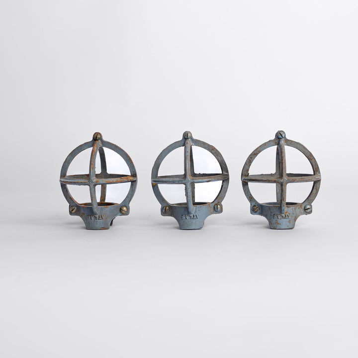 Set of Three Atlas Cast Iron Globe Cage Pendants — Industrial Bulb Guards