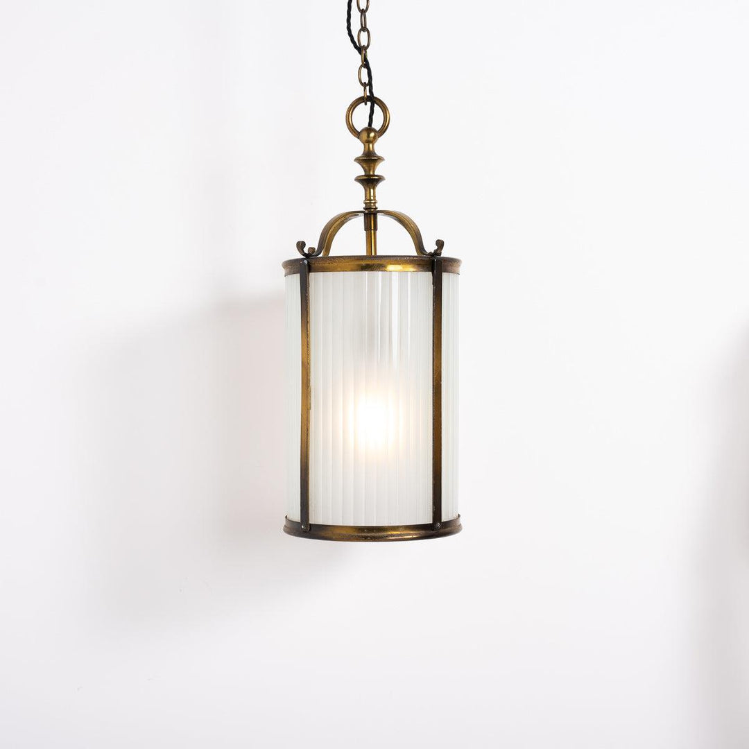 Vintage Brass Framed Hall Lantern with Frosted Reeded Glass Inserts