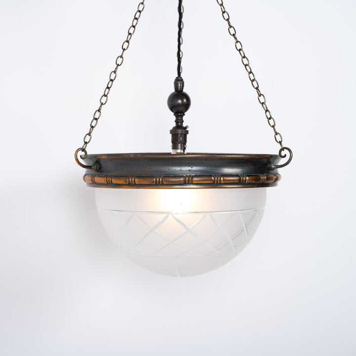 Vintage Crystal Bowl Plafonnier Pendant Light with Aged Copper Fittings