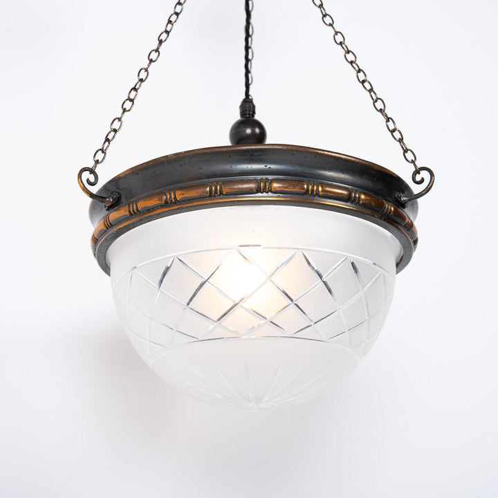 Vintage Crystal Bowl Plafonnier Pendant Light with Aged Copper Fittings