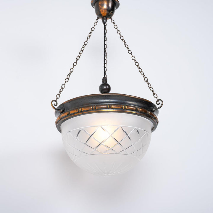 Vintage Crystal Bowl Plafonnier Pendant Light with Aged Copper Fittings