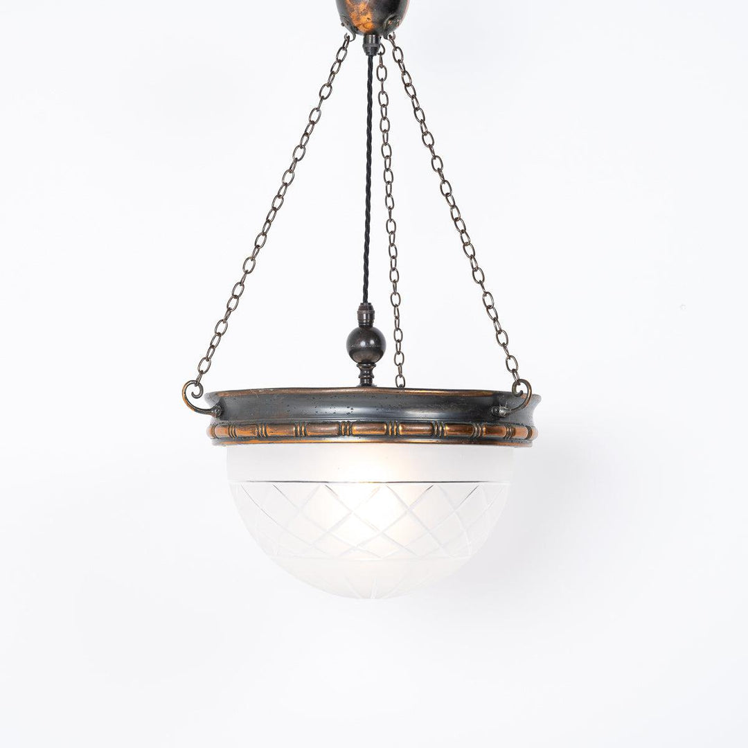 Vintage Crystal Bowl Plafonnier Pendant Light with Aged Copper Fittings