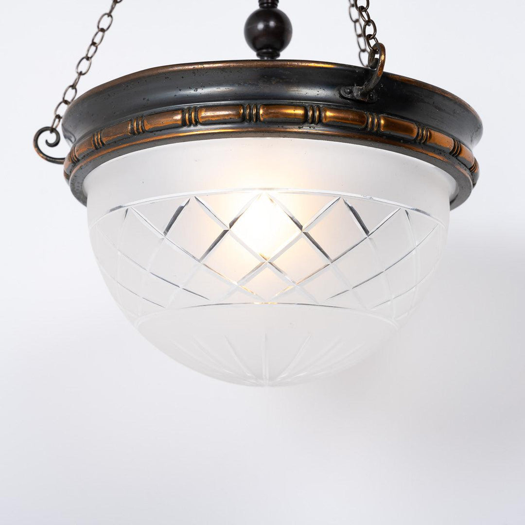 Vintage Crystal Bowl Plafonnier Pendant Light with Aged Copper Fittings