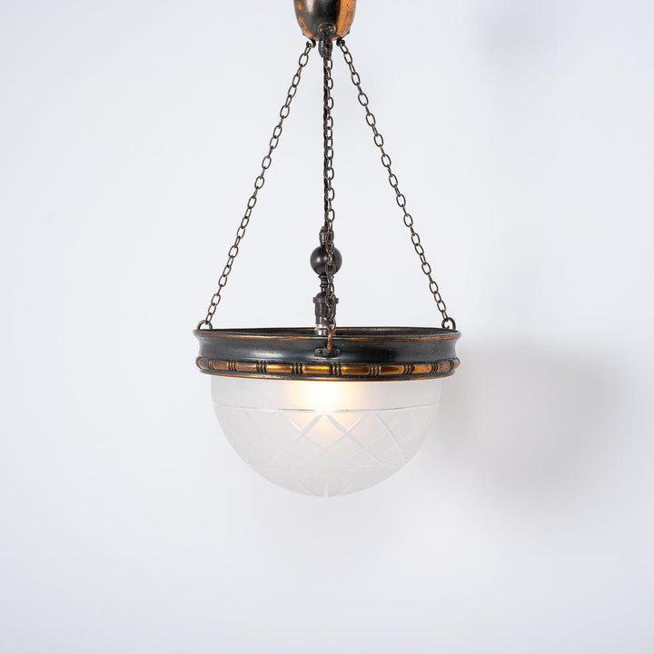 Vintage Crystal Bowl Plafonnier Pendant Light with Aged Copper Fittings