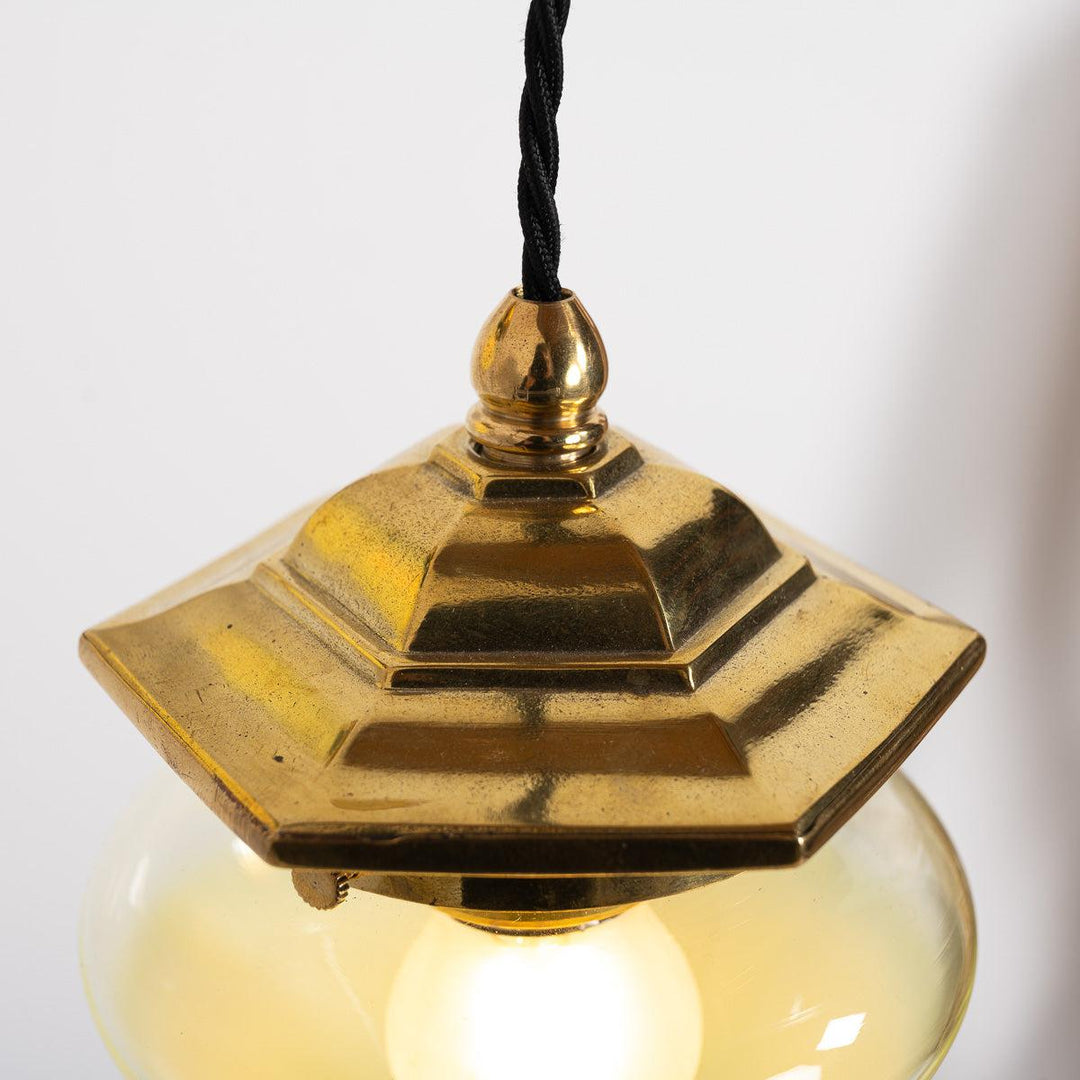 Vintage Hexagonal Polished Brass Pendant Lights with Vaseline Glass Shades