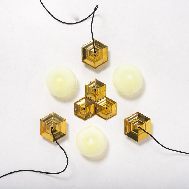 Vintage Hexagonal Polished Brass Pendant Lights with Vaseline Glass Shades