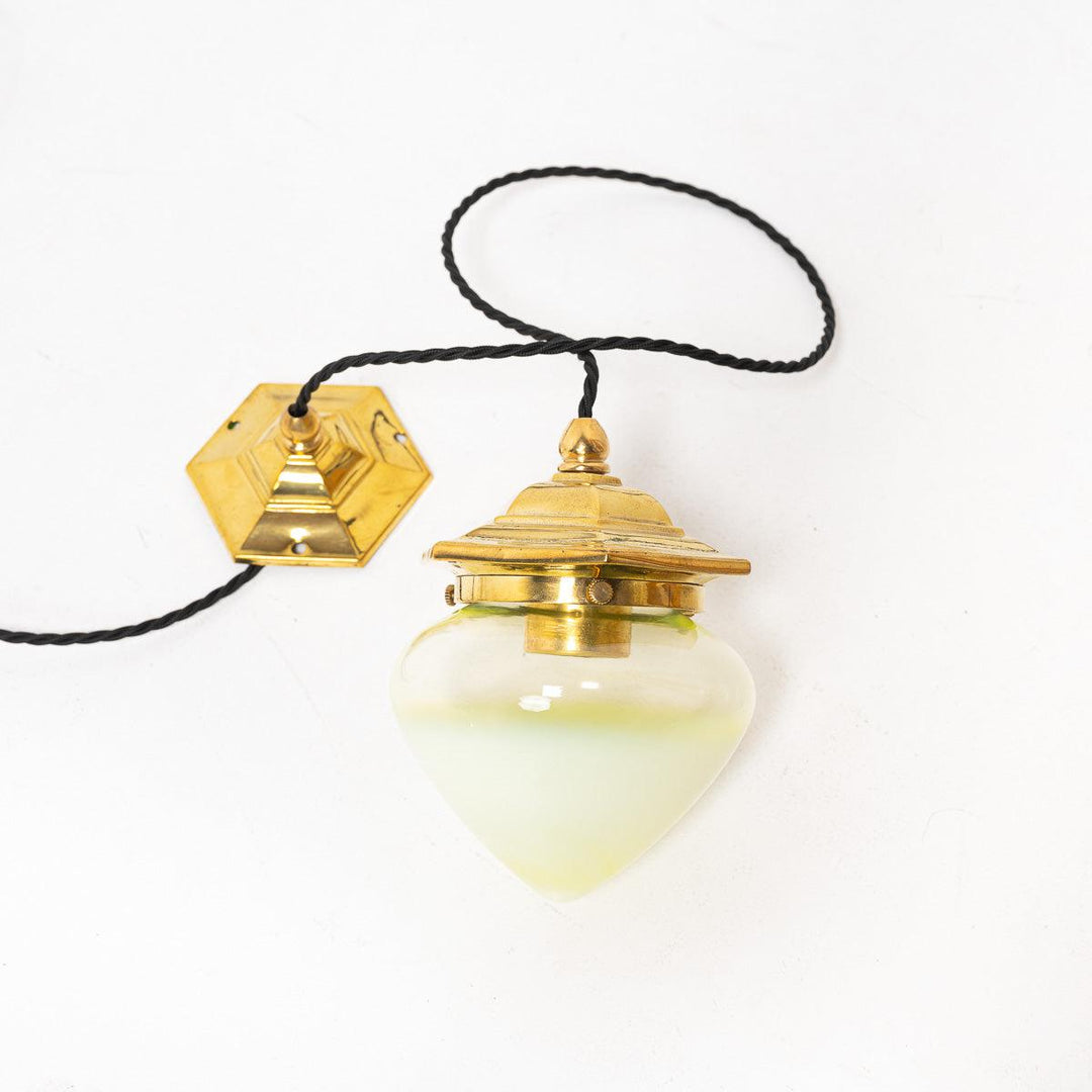 Vintage Hexagonal Polished Brass Pendant Lights with Vaseline Glass Shades