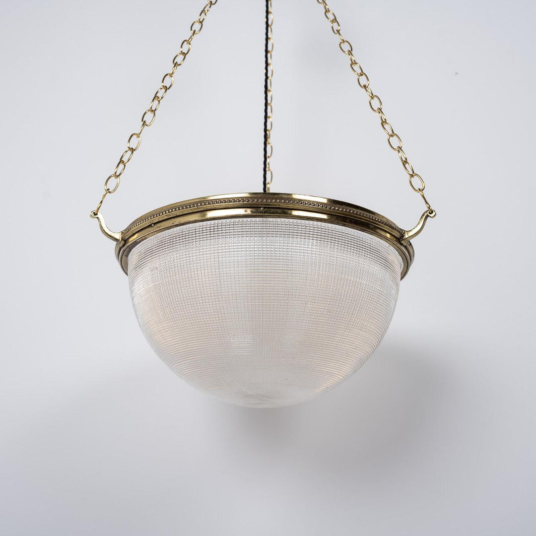 Vintage Holophane XL Plafonnier Pendant Light with Polished Brass Fittings