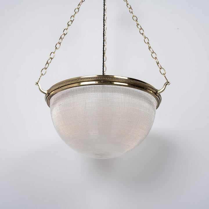 Vintage Holophane XL Plafonnier Pendant Light with Polished Brass Fittings