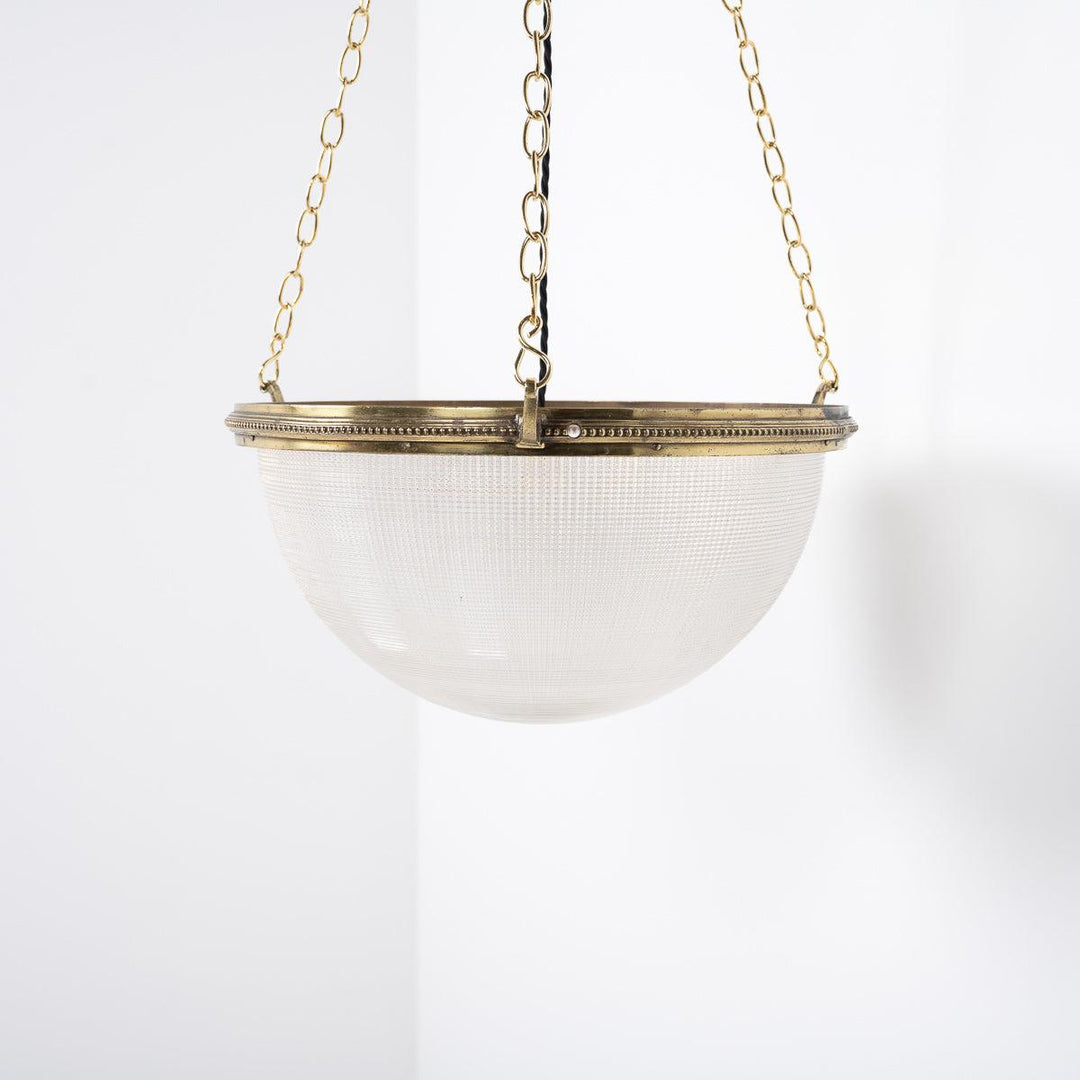 Vintage Holophane XL Plafonnier Pendant Light with Polished Brass Fittings