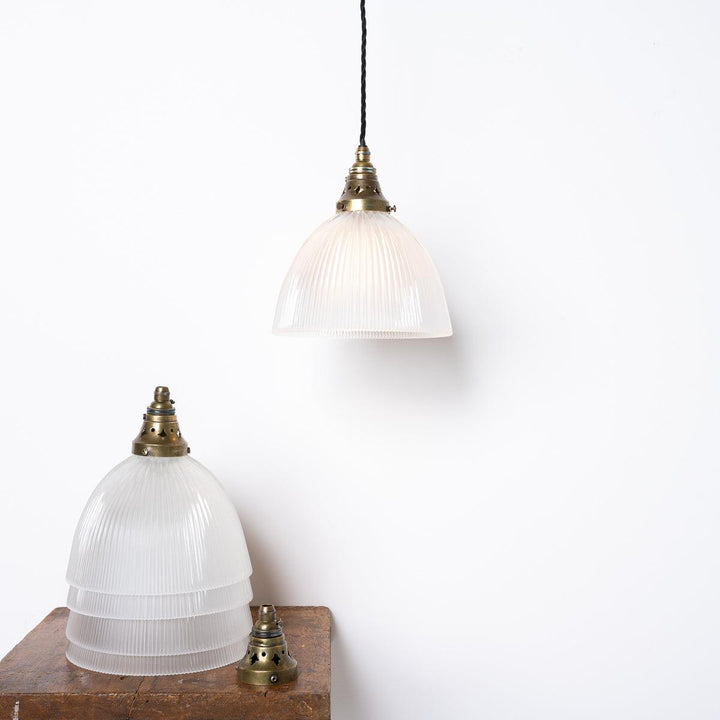 Vintage Industrial Holophane Frosted Prismatic Glass and Brass Pendant Lights