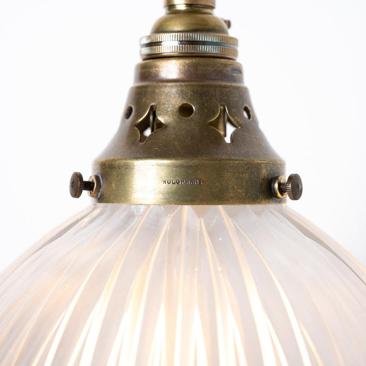 Vintage Industrial Holophane Frosted Prismatic Glass and Brass Pendant Lights