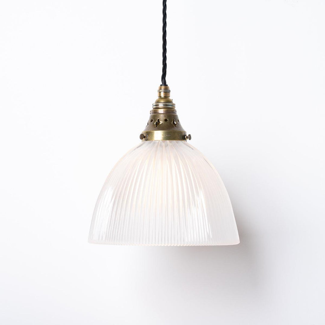 Vintage Industrial Holophane Frosted Prismatic Glass and Brass Pendant Lights