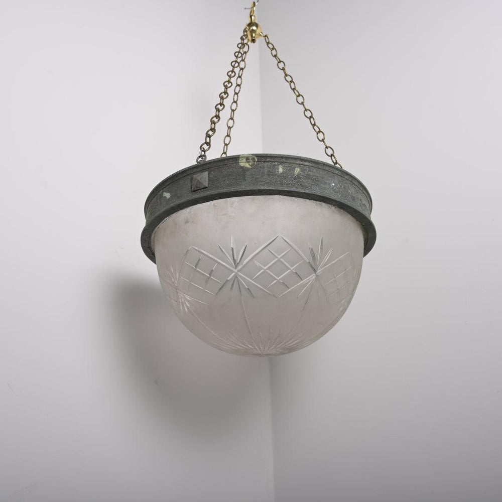 XL Deep Geometric Cut Satin Crystal Bowl Plafonnier with Aged Brass Ring