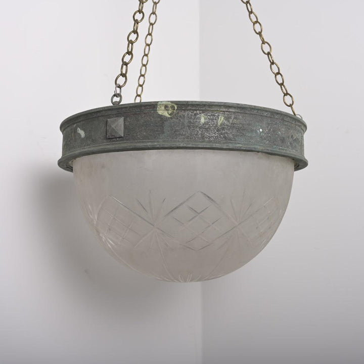 XL Deep Geometric Cut Satin Crystal Bowl Plafonnier with Aged Brass Ring