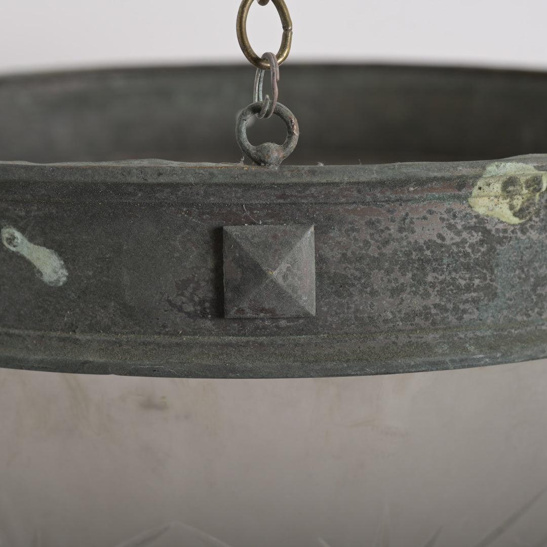 XL Deep Geometric Cut Satin Crystal Bowl Plafonnier with Aged Brass Ring