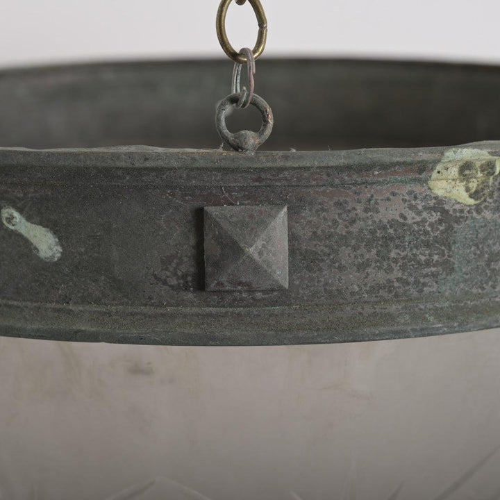 XL Deep Geometric Cut Satin Crystal Bowl Plafonnier with Aged Brass Ring