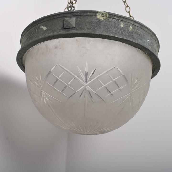 XL Deep Geometric Cut Satin Crystal Bowl Plafonnier with Aged Brass Ring