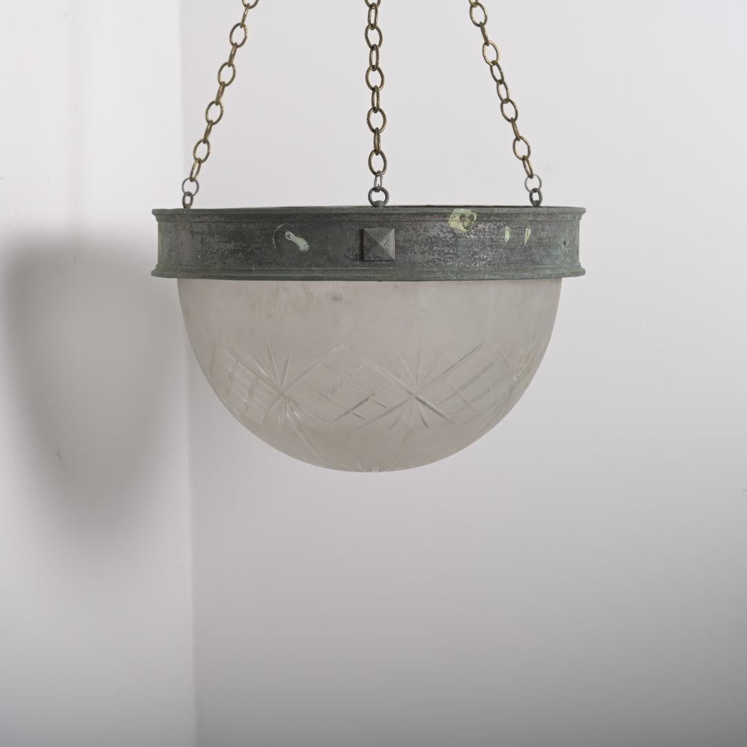 XL Deep Geometric Cut Satin Crystal Bowl Plafonnier with Aged Brass Ring