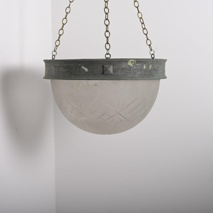 XL Deep Geometric Cut Satin Crystal Bowl Plafonnier with Aged Brass Ring