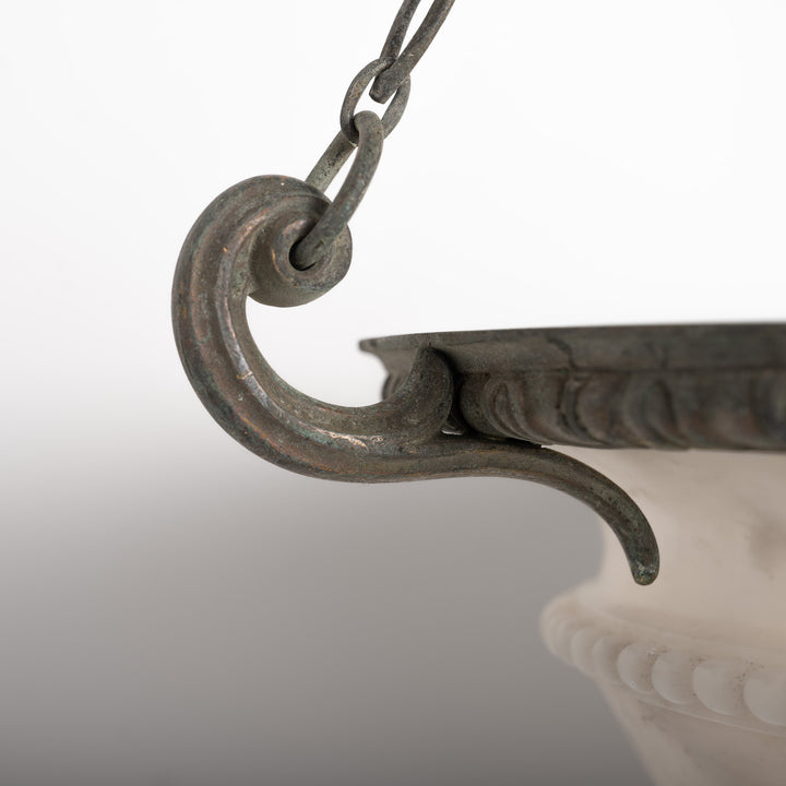 Antique Monumental Hand Carved Alabaster Plafonnier in Cast Bronze Ring